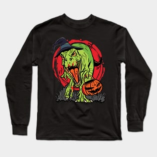 Trick-or-Treating Dinosaur with Jack-O-Lantern Graphic Long Sleeve T-Shirt